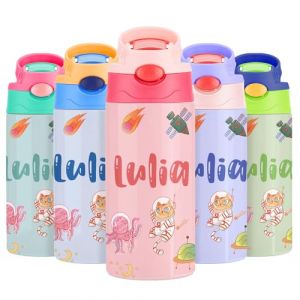 Gourde Isotherme Personnalisable pour Enfant, Bouteille d'eau Personnalis&eacute;e Prenom Sans BPA Tritan, Gourde Isotherme Enfant avec Paille pour L&rsquo;&eacute;cole, Sport, Primaire et Maternelle - Multicolore 350ml (Jingle Cat Magical Shop, neuf)