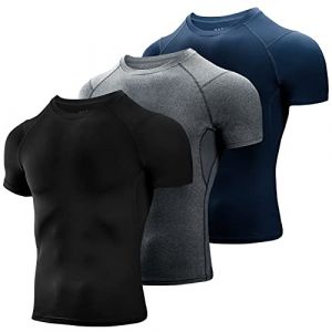 Niksa 3 Pack Tee Shirt Compression Homme Manches Courtes Tshirt Running Homme Vetement de Fitness Gym Compression Maillot T-Shirt Baselayer pour Sport Jogging Musculation, Noir+gris+marine, Taille XXL (ZHP tech, neuf)