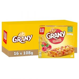LU GRANY - 16 Boîtes de 6 Barres Fraise Framboise - 5 Céréales et Fraise Framboise - Lot Barres en Sachets Individuels - Format de Poche Pratique - Fabriqué en France - Lot de 16x108g (Plaisir & Snacking, neuf)