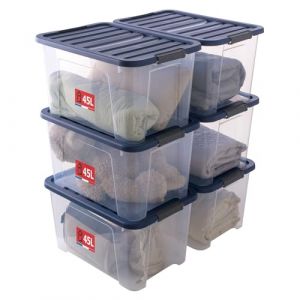 SUNDIS Wave Box, lot de 6 boîtes de rangement avec couvercle et roues, 45l, en plastique transparent, superposables et empilables, idéales pour ranger la chambre, le bureau, le grenier, le garage (Sundis Shop, neuf)