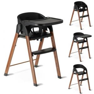DERYAN Chaise Haute &eacute;volutive 2en1, Pour B&eacute;b&eacute; Ergonomique, Confortable, Inclinable, Pliable, Avec Hauteur R&eacute;glable, Repose-Pieds, Plateau Amovible, 6 mois &agrave; 3 ans - Bois/Noir (Deryan, neuf)