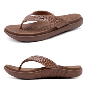 KuaiLu Marron Tongs Femmes Sandales en Cuir de Mode &eacute;t&eacute; Avec Support de Orthop&eacute;dique Tongs de Plage et Claquettes de Piscine Taille 43EU (KUAILU-YSA, neuf)