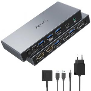 Alxum Commutateur KVM pour 2 PC et 2 moniteurs, 2 entr&eacute;es DP et 2 sorties HDMI, 4 ports USB 3.0, 4K@60Hz, compatible avec clavier, souris, audio, stockage, inclut 2 c&acirc;bles USB-B et alimentation (Alxum, neuf)