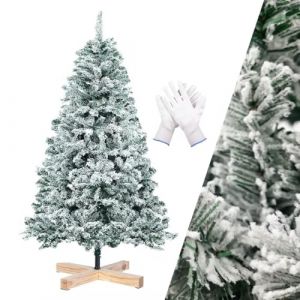 Sapin de Noël Artificiel avec Neige, Arbre de 210 cm avec 850 Pointes de Branche, Support en Bois et Gants, Système de Pliage à Montage Rapide, Décoration de Pine en Flocons de Neige Floqués Blancs (HomDecoLight Store, neuf)