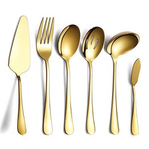 HOMQUEN Ensemble de Couverts en Or 6 Pièces，y Compris Pelle à Gâteau, Cuillère de Service à Fente, Cuillère de Service, Fourchette à Viande Froide, Couteau à Beurre, Louche à Soupe (BERGLAND, neuf)