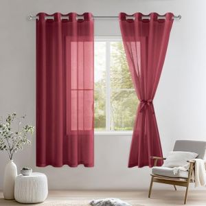 DWCN Lot de 2 Rideaux Voilages à Oeillets pour Fenêtre, Rideau Transparents avec Embrasses pour Salon Chambre d'enfant, Rouge Bordeaux, 140x160cm (Largeur x Hauteur) (DWCN EU, neuf)