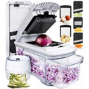 Coupe Legumes Multifonctions et Mandoline Professionnelle Cuisine - Trancheur de Légumes - Decoupe Legumes Cube Oignon Carotte Concombre Tomates - Rapeuse Legume et Fromage (Tout-en-1 Blanc) (Yellapro Limited, neuf)