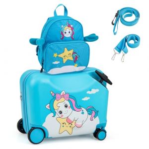 COSTWAY Valise Enfants &agrave; roulettes 18&rdquo; avec Sac &agrave; Dos 12&rdquo;, Bagages &agrave; Main pour Voyage avec Roues Coque Imperm&eacute;able Poign&eacute;e R&eacute;tractable pour Enfants de 3 Ans+ Charge 50KG+8KG (Licorne) (FDS GmbH, neuf)