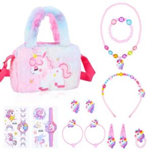 Halinuia 13PCS Licorne Sac a Main Bijoux Enfants Fille, Licorne Collier Bracelet Boucle d'Oreille Bagues Diadème kit Bijoux pourJouet Cadeau Anniversaire Fille 4-8 Ans (JKLkds, neuf)