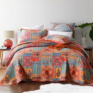 Qucover Dessus de Lits et Couvre-Lits 240x260, Couvre Lit Matelassé Coton pour 2 Personnes Patchwork Bohème avec 2 Taies d'oreiller, Couverture Courtepointe Grande Taille Mixte Couleur Oranges (Oroyal Decor, neuf)