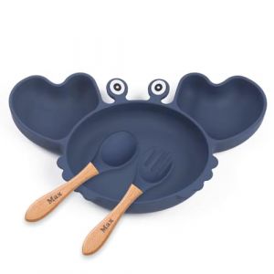 Assiette Crabe et couverts personnalisés avec un prénom pour bébés (Bleu marine) (Amikado, neuf)