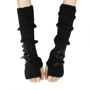 Feelorna Manchettes pour femme, tricotées douces à manches longues, mitaines avec trou pour le pouce, mode féminine mignon Y2k Nœud papillon chauffe-poignets pour l'automne et l'hiver, Noir , taille (XDD-EU Direct, neuf)