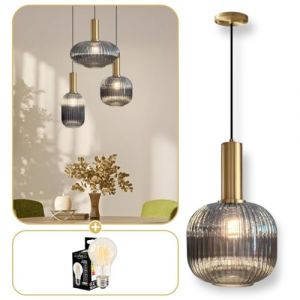 Lumeo creative | Suspension verre fumé Cristali | Lustre vintage pour salle à manger, ilot de cuisine, entree | suspension luminaire salon doré | Suspension vintage (Gris Intense, B - Poignée Tube) (Lumeo Creative, neuf)