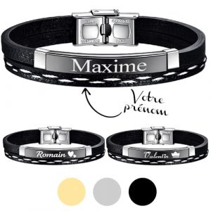 KDO MAGIC - Bracelet personnalis&eacute; homme &ndash; Bracelet double en simili cuir noir &ndash; Gravure pr&eacute;nom &ndash; Plaque noire, argent&eacute;e ou dor&eacute;e grav&eacute;e - Cadeau f&ecirc;te des P&egrave;res, Saint-Valentin, homme, papa (Noir) (KDO-MAGIC, neuf)