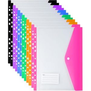 Lot de 12 pochettes perforées extensibles en plastique transparent A4 avec poche pour étiquettes, ouverture latérale (HONG MU Ltd., neuf)