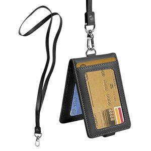 Porte-Badge avec Cordon Porte-Cartes d'Identit&eacute; en PU Cuir Titulaire de Carte D'identit&eacute; Verticaux Protection Pochettes pour Carte de Visite Carte d'&eacute;tudiant Carte Bus, Contenir Jusqu'&agrave; 5 Cartes, Noir (achenyuyuan, neuf)