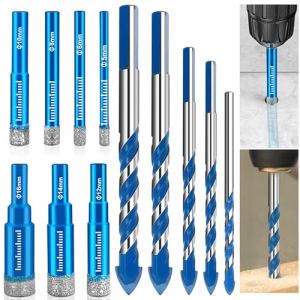 Kit de Foret Diamant Carrelage,Tr&eacute;pan Diamant 7 Pi&egrave;ce 5/6/8/10/12/14/16mm et Forets &agrave; Pointe en Carbure de Tungst&egrave;ne 5 Pi&egrave;ce 6/6/8/10/12mm,Foret Diamant Pour C&eacute;ramique Carrelage Porcelaine Marbre (JKHUI, neuf)