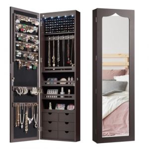 HOMASIS Armoire à bijoux avec éclairage LED, armoire à bijoux avec 6 tiroirs et miroir, armoire à bijoux pour montage mural et porte, verrouillable, 36,5 x 11,5 x 120 cm (brun) (Homasis, neuf)