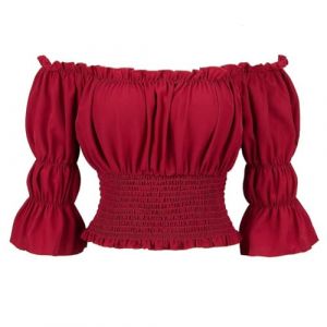 Josamogre Chemise Femme Blouse Costume Medieval Renaissance Pirate Shirt Women R&eacute;tro Victorien &Eacute;paule Manches Courtes Vin Rouge 2XL (Josamogre Corset, neuf)