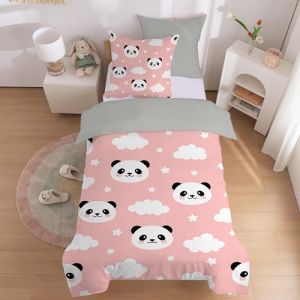 Linfye Parure de Lit 90x190 Enfant Panda Rose Housse de Couette 1 Personne 3D imprimée Microfibre Housse de Couette Enfant avec Fermeture éclair + 2 Taie d'oreiller 65x65cm (Linfye Maison Confortable, neuf)