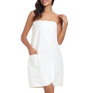 Lovasy Robe Serviette de Bain Femme Peignoir Enveloppant Grande Serviette de Spa avec Boutons Réglables Paréo de Bain Douce Léger Kilt de Sauna avec Poche,A-Blanc,L (Lovasy Direct, neuf)