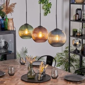 HOFSTEIN Koyoto Suspension à 3 ampoules en métal/verre ondulé en noir/vert/bleu/cuivre, suspension moderne au design rétro/vintage (abat-jour Ø 20 cm), E27, salle à manger, salon, cuisine (hofstein, neuf)