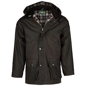 Romneys Veste cir&eacute;e Country - Veste d'ext&eacute;rieur classique anglaise en coton cir&eacute; imperm&eacute;able et coupe-vent - Veste de pluie robuste avec capuche pour homme et femme, marron, XXS (ROMNEYS, neuf)