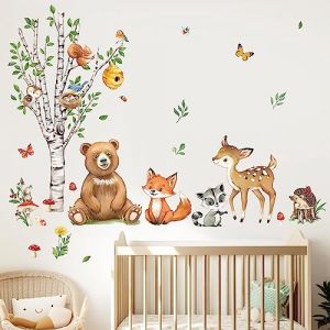 decalmile Stickers Muraux Animaux Forêt Bouleau Arbre Autocollant Mural Ours Cerf Renard Décoration Murale Chambre Enfants Bébé Pépinière Salon (DecalMile Direct, neuf)