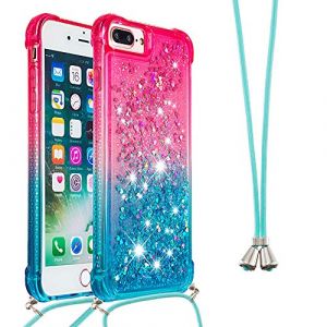 Collier Coque pour iPhone 8 Plus / 7 Plus,Glitter Paillette Brillante Quicksands Liquide Transparente Silicone TPU Case Housse avec Cordon Collier Tour de Cou pour iPhone 8 Plus,YB GS Pink Blue (LEMAXELERS, neuf)