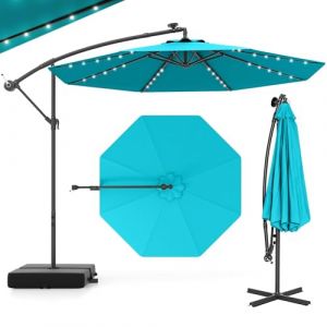 GOPLUS Parasol de Jardin Extérieur avec Pied, Parasol Déporté Inclinable Ø 3M, avec 8 Baleines 40 Lampes LED Solaires, Grand Parasol pour Terrasse Cour Plage (Turquoise) (Augenstern24, neuf)