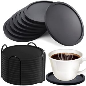 MOOING Dessous de Verre Silicone Noir, 12 Pi&egrave;ces Dessous de Verress Silicones Rond, sous Verress en Silicones avec Plateau, Dessouss de Verres Noirs Antid&eacute;rapants pour Verres de Bi&egrave;re, Tasses &agrave; Caf&eacute; (VOMAUEL S.R.L., neuf)