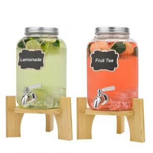 2PCS Distributeurs De Boissons En Verre 4L Avec Robinet, Distributeur Boisson En Verre Avec Support Et Robinet En Acier Inoxydable, Pour Les Cocktails, Les Jus De Fruits,L'eau,Les Boissons (Hisredsun, neuf)
