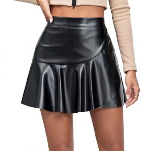 EMOTTOS Mini Jupe en Simili Cuir pour Femmes, Sexy Irregular Jupe en Cuir PU à Taille Haute avec Ourlet à Volants et Fermeture Éclair, Ligne A Jupe Courte Portefeuille Plissée, Noir, S (EMOTTOS, neuf)