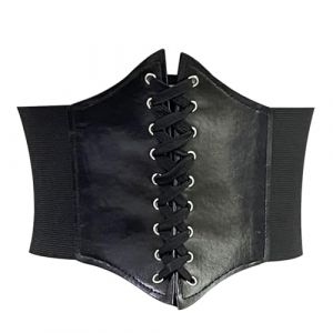 Ceinture Corset en Cuir Large Noir Elastique &agrave; Lacets R&eacute;tro pour Femme - Accessoire Pirate pour Halloween, F&ecirc;te, Cosplay Catwoman (LouER Store, neuf)