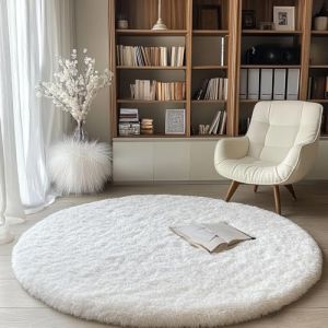 Tenekee Tapis Rond 160 cm Blanc Salon Moderne Descente de lit Chambre Grande Tapis Antidérapant pour Maison Salon Chambre Enfant (Blanc, 160cm) (aqcache, neuf)