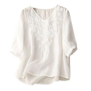 Chemisier Coton et Lin Manches Courtes pour Femme Blouses Ample Col Rond Tunique D'&eacute;t&eacute; Boh&egrave;me Folklore Vintage Broderie Top Hauts L&acirc;che Respirant T-Shirts Grande Taille Pas Cher Tunique Blouse Mode (GUnakd, neuf)