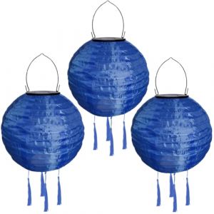 Lampions solaires d'ext&eacute;rieur r&eacute;sistant aux intemp&eacute;ries Lanterne solaire LED Lampion d'ext&eacute;rieur &eacute;tanche avec pompon Lanterne de jardin en papier Lanterne d'ext&eacute;rieur 20 cm 3 pi&egrave;ces Bleu fonc&eacute; (ZDD123, neuf)