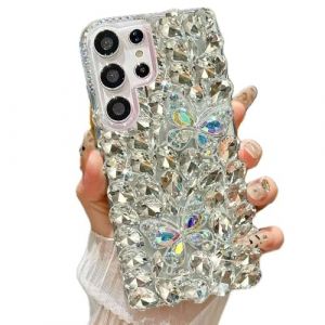 Rnrieyta Miagon Coque Papillon Diamant pour Samsung Galaxy S25 Ultra,Strass Glitter 3D Fait &agrave; la Main Bling Brillant Paillette Silicone &Eacute;tui Housse Couverture pour Femme Fille (Miagon, neuf)