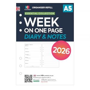 Agenda 2026 format A5 semainier sur une page et recharge lignée pour organiseur de notes compatible Filofax A5 | Anglais | Vacances britanniques | 148 x 210 mm (agenda 2026 et notes) (Domina Group Ltd, neuf)
