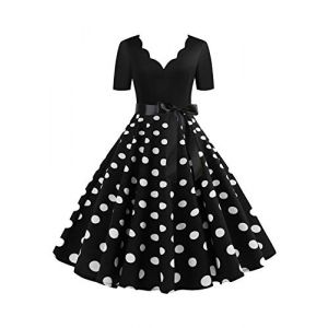 EFOFEI Femme Robe de Cocktail Vintage Rockabilly Robe Pliss&eacute;e Au Genou Robe en Col Carr&eacute; R&eacute;tro Noir XL (MILKCHOCLAT, neuf)