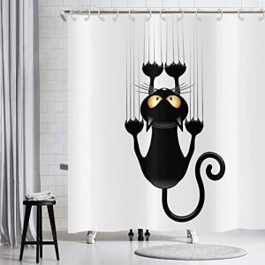 Hnmdmyi Rideau de Douche Chat drôle 200x180, Chat Noir Gratte Le Mur Rideau de Baignoire Enfants Mignon Animal de Dessin animé Noir et Blanc Art Minimaliste Tissu étanche Lavable Rideau de Bain (Hnmdmyi, neuf)