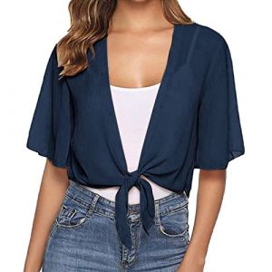 Boléro cardigan d'été en mousseline de soie pour femme - Boléro décontracté à manches mi-longues - Cardigan léger à nouer sur le devant - Veste courte transparente pour fête de mariage, bleu marine, M (Wtinfer ⭐⭐⭐⭐⭐ 5, neuf)