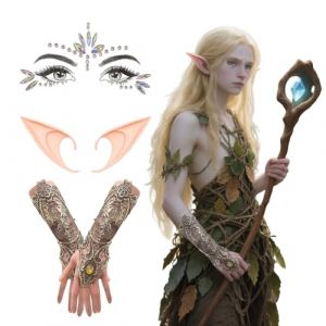 SSKHE 3 Pièces Oreilles D'Elfes, Renaissance Elfe Costume Accessoires, Costume d'elfe Gants, Stickers Visage,Lutin Oreilles Pointues,Elfe Oreille Costume, pour Halloween, Noël,Jeu de rôle (SSKHE, neuf)