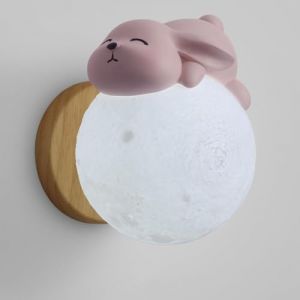 AWEITG Applique murale en r&eacute;sine lapin rose, applique murale moderne lune, applique murale en bois for chambre d'enfant, abat-jour PLA, appliques murales globe nordique, &eacute;clairage int&eacute;rieur (shangbiaoshao, neuf)