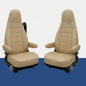 Lot de 2 housses de si&egrave;ge compatibles avec Aguti GIS Liner & Milan pour camping-car avec accoudoirs, conviennent aux si&egrave;ges avec sangle int&eacute;gr&eacute;e, pour P&ouml;ssl, Knaus, Adria, Carthago (beige/cuir (Auto interieur meester, neuf)