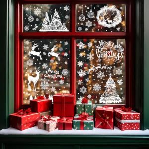 Autocollants No&euml;L (9 autocollants 216 PCS) D&eacute;corations No&euml;l Fenetre Stickers Statique R&eacute;utilisable Deco Joyeux No&euml;l Ville Flocon D&eacute;calcomanies Blanc pour Magasin, Maison, &Eacute;cole (YANG  BIN  DE  DIAN, neuf)