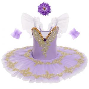 IDOPIP Robe Ballet Enfant: Tutu Danse Classique Fille Justaucorps Danse Fille Ballerine Costumes Paillettes Broderie sans Manches Plateau Tutu - Spectacle De Ballet Danse Violet 120 (BXH, neuf)