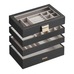 SONGMICS Bo&icirc;te &agrave; Bijoux avec 4 Plateaux Empilables, Coffret &agrave; Bijoux Spacieux, Couvercle en Verre, 17 x 28 x 18,3 cm, pour Tiroir, Coiffeuse, Noir JBC164B01 (SONGMICS HOME FR, neuf)