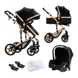 Nine point nine Poussette 3 en 1, Poussette Bebe avec Double Modes de Poussée Réversibles, Poussette Canne avec Grande Nacelle Confortable, Pousette avec Cadre Aluminium Haute Paysage (588 Black Gold) (Kaiwen baby products, neuf)