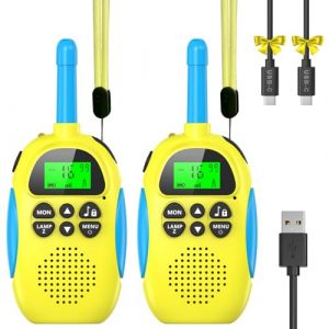 Ushining Talkie Walkie Enfants Rechargeable avec Radio &agrave; 2 Voies 16 Canaux, Fonction VOX Lampe de Poche LCD R&eacute;tro-&eacute;clair&eacute;e, Talkie Walkie Longue Port&eacute;e Enfant pour Aventures Ext&eacute;rieures Camping, Jaune (Wemat, neuf)